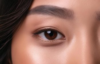 Close-up of a person's eye with smooth, natural makeup and well-groomed eyebrow. The skin appears clear and well-lit.