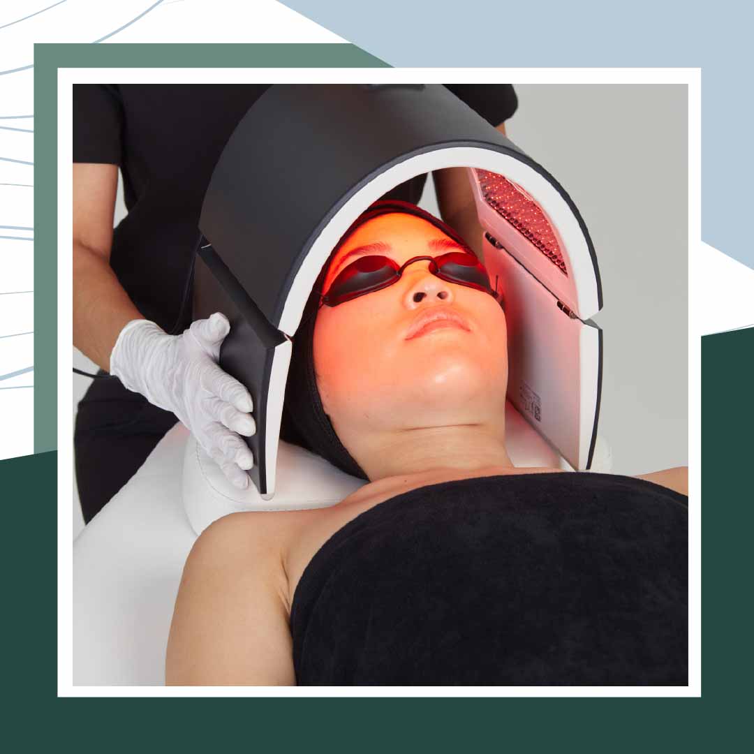 Two close-up photos of people receiving a facial treatment while wearing protective eye coverings.