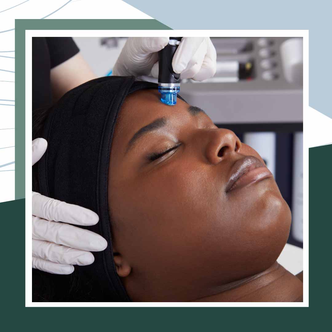 Two close-up photos of people receiving a facial treatment while wearing protective eye coverings.